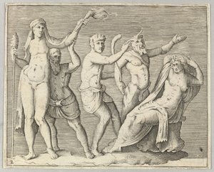 Due figure, un fauno e un satiro si avvicinano a una donna reclinata da Unbekannt