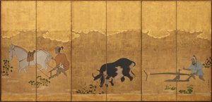 Due contadini che arano e erpicano un campo di riso, periodo Edo, 1615-1868 da Unbekannt