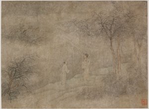Due uomini che camminano in un boschetto nebbioso, dinastia Ming, 1368-1644 da Unbekannt