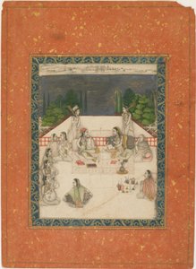 Due donne sedute su una terrazza, circondate da attendenti e musicisti, ca. 1650