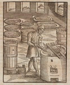Un uomo testa il salnitro, utilizzato nella polvere da sparo e la conservazione della carne - Incisione tratta da Descrizione dei minerali e dei principali metodi di sfruttamento minerario, di Lazarus Ecker da Unbekannt