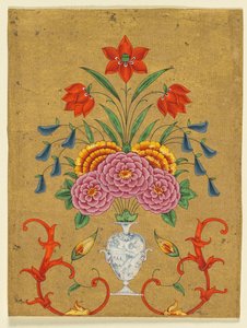Vaso con composizione floreale e decorazioni, c. 1750-1800