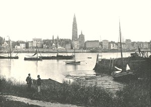 Vista attraverso il fiume verso la cattedrale, Anversa, Belgio