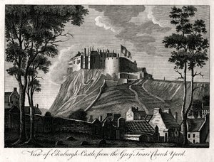 Veduta del Castello di Edimburgo dal cimitero di Grey Friars, XVIII secolo