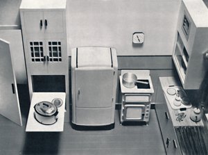 Vista di una cucina, progettata da H.M.V. Household Appliances, 1938