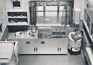 Vista di una cucina, progettata da H.M.V. Household Appliances, 1938