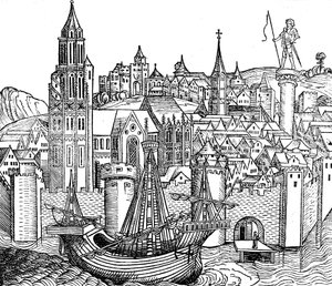 Veduta di città fortificata, 1493 da Unbekannt