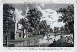 Vista della parte posteriore della Cassina e del fiume Serpentine nei Giardini di Chiswick, Londra da Unbekannt