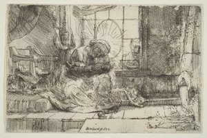 Vergine e bambino con il gatto: e Giuseppe alla finestra, 1654 da Unbekannt