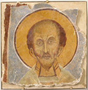 Affresco di un santo maschio, bizantino, XII secolo, restauro moderno