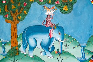 Murale che raffigura la leggenda dei quattro amici; elefante; scimmia; coniglio e gallo; Kharbadi Gompa; Phuentsholing; Regno del Bhutan da Unbekannt