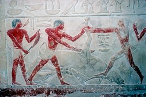 Affresco di 3 macellai che tagliano una carcassa, Tomba di Idut, V dinastia, c2350 a.C. da Unbekannt