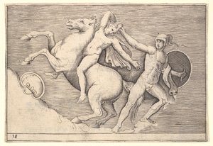 Guerriero che tira un cavaliere dal suo cavallo, da Ex Antiquis Camorum et Ge..., pubblicato ca. 1599-1622
