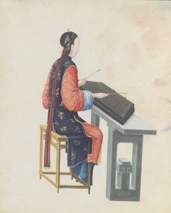 Acquerello di musicista che suona lo yangqin, fine XVIII secolo