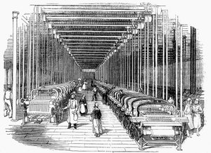 Reparto tessitura con file di telai meccanici azionati da cinghie e alberi, c1840 da Unbekannt
