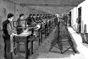 Saldatura di telai di biciclette in una fabbrica americana, 1900 da Unbekannt