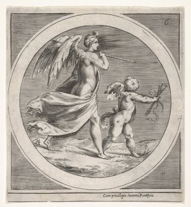 Figura femminile alata, drappeggiata e con un bastone, che cammina dietro un putto alato..., ca. 1550-1600 da Unbekannt