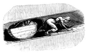 Donna che trascina una slitta di carbone lungo una stretta vena, Galles del Sud, c1848