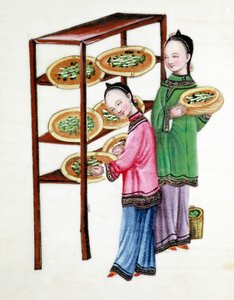 Donne che nutrono bachi da seta con foglie di gelso, XIX secolo