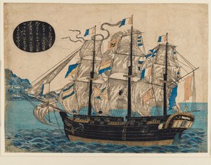 Stampa xilografica - Barca a vela olandese, con bandiera della VOC