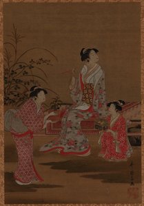 Giovane donna, con due assistenti ragazze, seduta in un giardino, periodo Edo, 1615-1868 da Unbekannt
