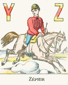 Z : Zephir, un cavaliere al galoppo sul suo cavallo chiamato Zephyr - Alfabeto dei Giochi, c.1890 (incisione)
