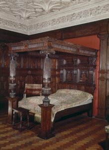 Letto a baldacchino, quercia intagliata, XVI-XVII secolo