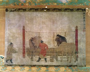 Appeso, raffigurante stallieri che nutrono cavalli, inchiostro e acquerello su seta, attribuito a Jen Jen-Far, cinese, XIV secolo da Unbekannt Unbekannt