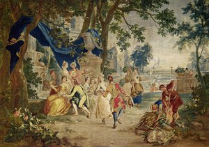 La festa del villaggio dopo D.Teniers, tessuta da LeClerc e J.van der Borg, fine XVII secolo, ambientazione paesaggistica probabilmente progettata da Lucas Achtschelling