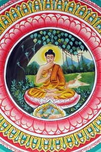 20151029, Vientiane, Laos: Tempio buddista Wat Inpeng. Dipinto raffigurante la storia della vita di Shakyamuni Buddha. Il Buddha insegnante raffigura un momento particolare nella vita del Buddha, cioè il primo sermone che il Buddha tenne dopo aver raggiunt