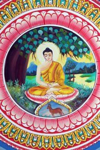 Wat Inpeng, tempio buddista. Dipinto che raffigura la storia della vita del Buddha Shakyamuni. Buddha seduto in posizione di meditazione, Vientiane, Laos da Unbekannt