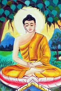 20151029, Vientiane, Laos: Tempio buddista Wat Inpeng. Dipinto che raffigura la storia della vita di Shakyamuni Buddha. Buddha seduto in posizione di meditazione