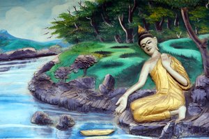 20151029, Vientiane, Laos: Tempio buddista Wat Inpeng. Dipinto che raffigura la storia della vita di Shakyamuni Buddha. Bagno nel fiume da Unbekannt