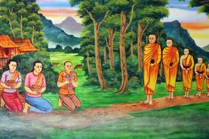 20151029, Vientiane, Laos: Tempio buddista Wat Si Muang. Dipinto raffigurante la storia della vita di Shakyamuni Buddha