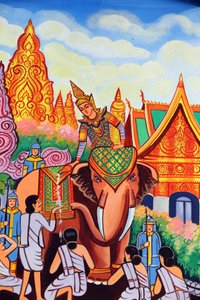 20151029, Vientiane, Laos: Tempio buddista Wat Si Muang. Dipinto raffigurante la storia della vita di Shakyamuni Buddha da Unbekannt