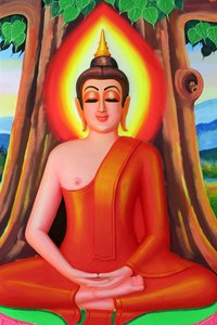 Wat Si Muang, tempio buddista. Dipinto che raffigura la storia della vita del Buddha Shakyamuni. Buddha seduto in posizione di meditazione sotto l