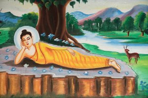 Dipinto che raffigura la storia della vita del Buddha Shakyamuni. Buddha reclinato, Vang Vieng, Laos da Unbekannt
