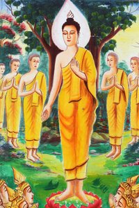 20151102, Vang Vieng, Laos: Dipinto che raffigura la storia della vita di Shakyamuni Buddha. Il Buddha si dedicò all