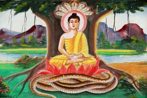 20151102, Vang Vieng, Laos: Dipinto che raffigura la storia della vita di Shakyamuni Buddha. Buddha seduto in posizione di meditazione sotto l