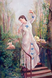 Una donna del XIX secolo in un giardino con tortore, dopo il dipinto La Tórtola Madre, di Ramon Marti y Alsina, da 