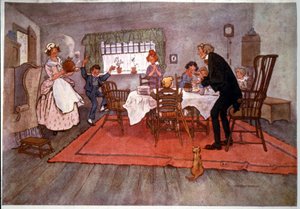 Cena di Natale in Inghilterra, illustrazione di Will Owen, fine XIX secolo