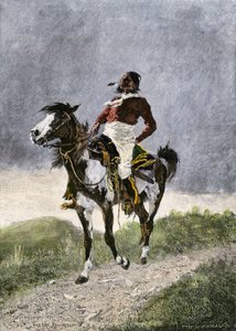 Un coraggioso Comanche, in viaggio a cavallo nelle praterie meridionali (Texas, Oklahoma, USA), circa 1800. Litografia da Unbekannter Künstler