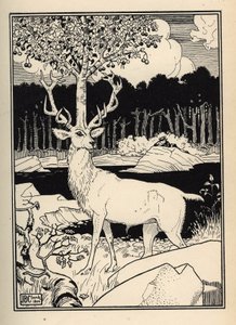 Un ciliegio sulla testa di un cervo colpito dalle pietre delle ciliegie lanciate dal Barone di Munchausen. Illustrazione di William Strang (1859-1921) e JB Clark da 