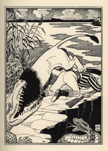 Un leone che voleva attaccare il Barone di Munchausen finì con un coccodrillo. Illustrazione di William Strang e JB Clark da Le avventure del Barone di Munchausen di Rudolf Erich Raspe da Unbekannt