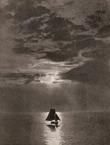 Un tratto di oceano illuminato dalla luna con una barca a vela da Unbekannter Künstler