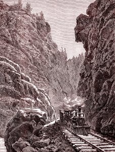 Un treno attraversa le montagne del Colorado. USA nel 1886 (incisione) da Unbekannter Künstler