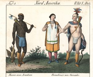 Uomo acadiano con corpo tatuato e una coppia di indiani nativi canadesi. Litografia per il libro: “Galerie complete en tableaux fideles des peuples d