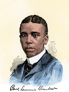 Poeta americano Paul Lawrence Dunbar (1872-1906), con il suo autografo. Incisione su legno colorata a mano di un