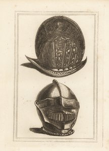 Antico elmo veneziano morione ornato con trofei militari, e un elmo borgognotta con visiera e bever unificati dalla Torre di Londra