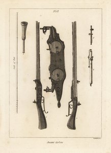 Antico carabina con due cariche nello stesso cannone sparate da due pietre focaie, pietre focaie, bacchetta e chiavi da Unbekannt